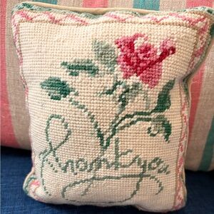Handmade Needlepoint Floral Pillow - Pink Rose on Cream